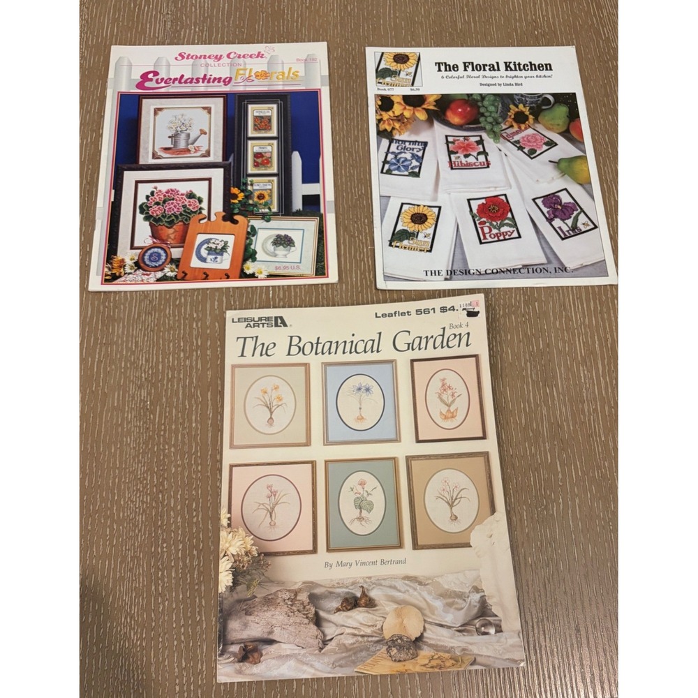 Vintage Floral Cross Stitch Pattern Book Lot Botanical Garden Everlasting Floral